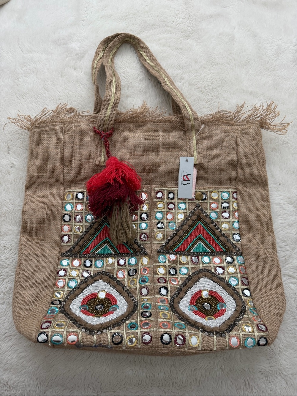 Beige Embroidered Jute Tote Bag with Red Tassel